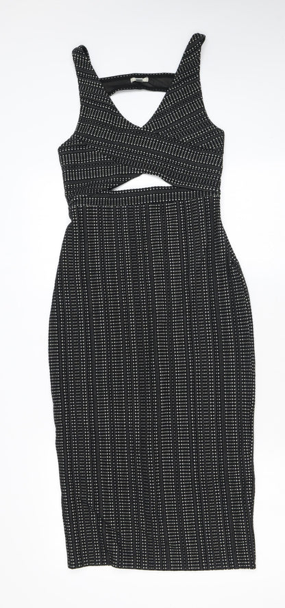 Ecote Womens Black Geometric Cotton Bodycon Size S V-Neck Zip - Cutout
