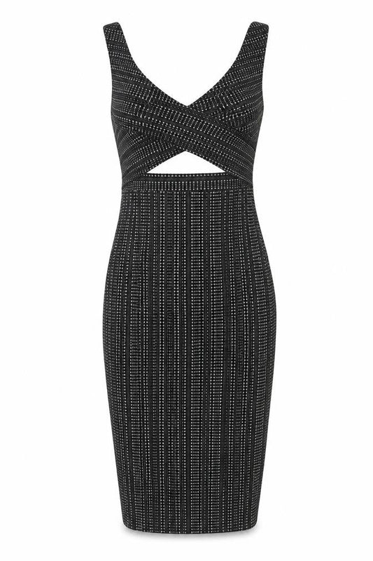 Ecote Womens Black Geometric Cotton Bodycon Size S V-Neck Zip - Cutout