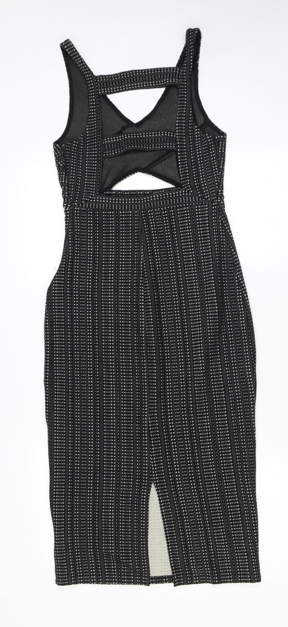 Ecote Womens Black Geometric Cotton Bodycon Size S V-Neck Zip - Cutout