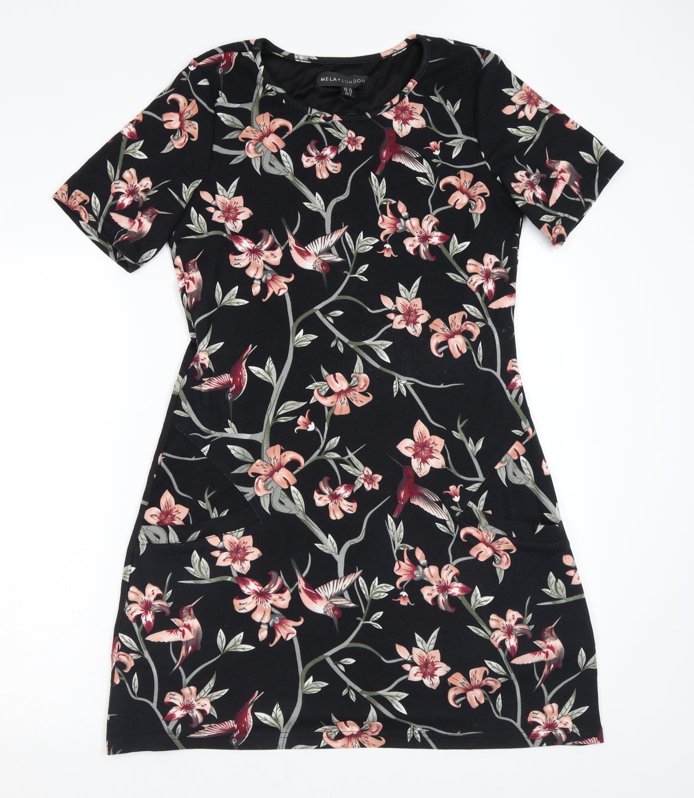 Mela London Womens Black Floral Polyester A-Line Size 12 Scoop Neck Pullover - Pockets