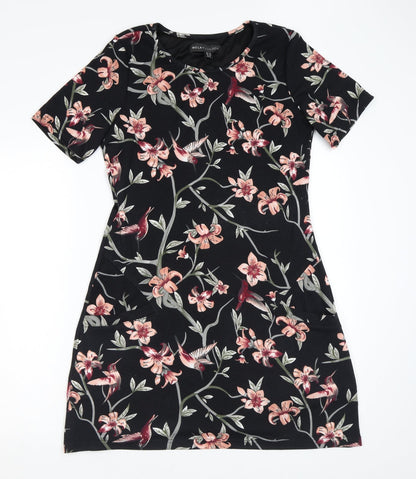 Mela London Womens Black Floral Polyester A-Line Size 12 Scoop Neck Pullover - Pockets