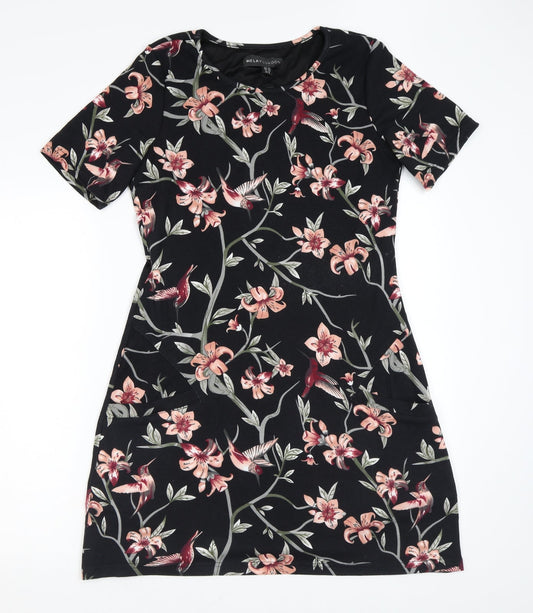 Mela London Womens Black Floral Polyester A-Line Size 12 Scoop Neck Pullover - Pockets