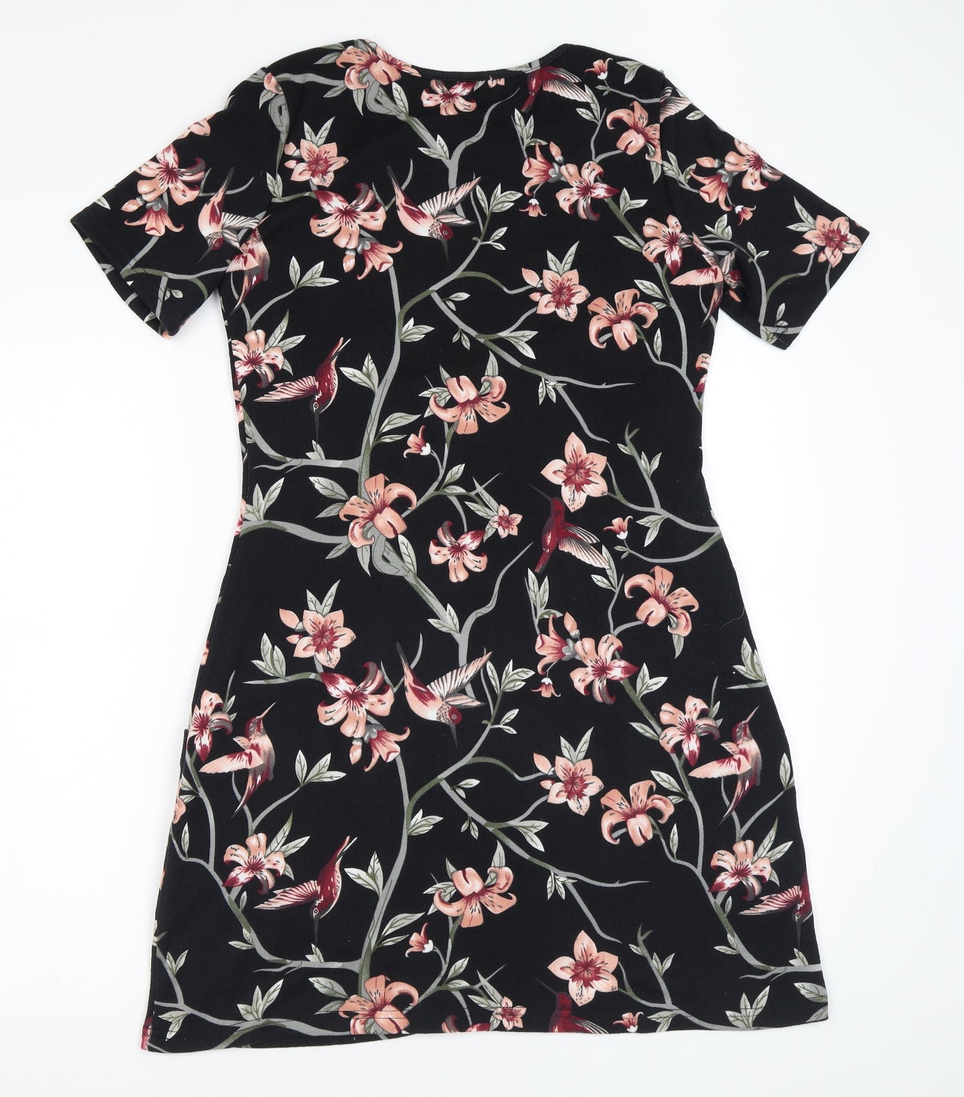 Mela London Womens Black Floral Polyester A-Line Size 12 Scoop Neck Pullover - Pockets