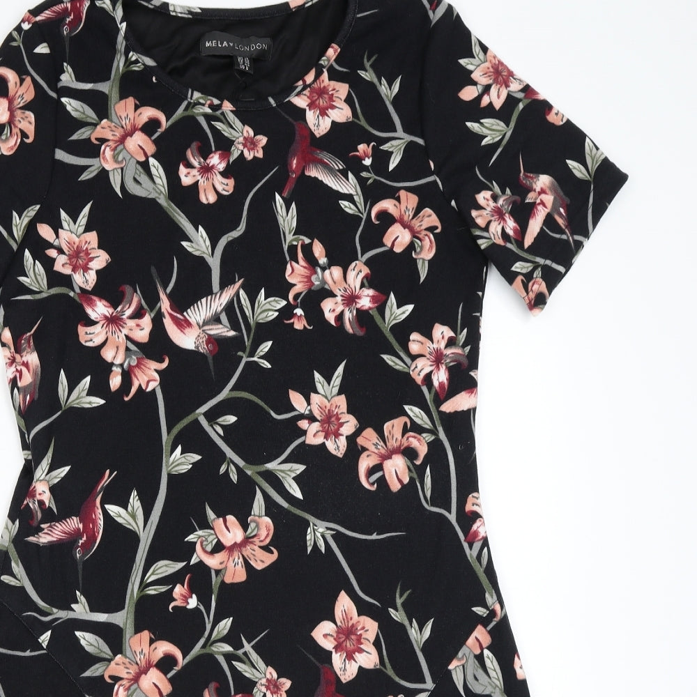Mela London Womens Black Floral Polyester A-Line Size 12 Scoop Neck Pullover - Pockets
