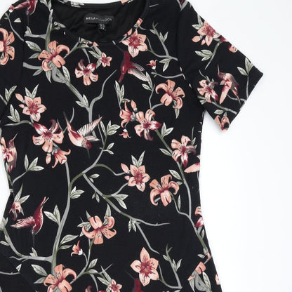 Mela London Womens Black Floral Polyester A-Line Size 12 Scoop Neck Pullover - Pockets
