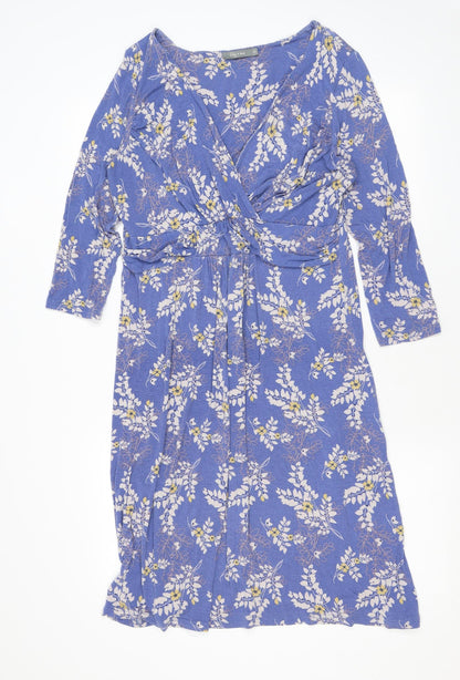 Lily & Me Womens Blue Floral Viscose Skater Dress Size 12 V-Neck Pullover