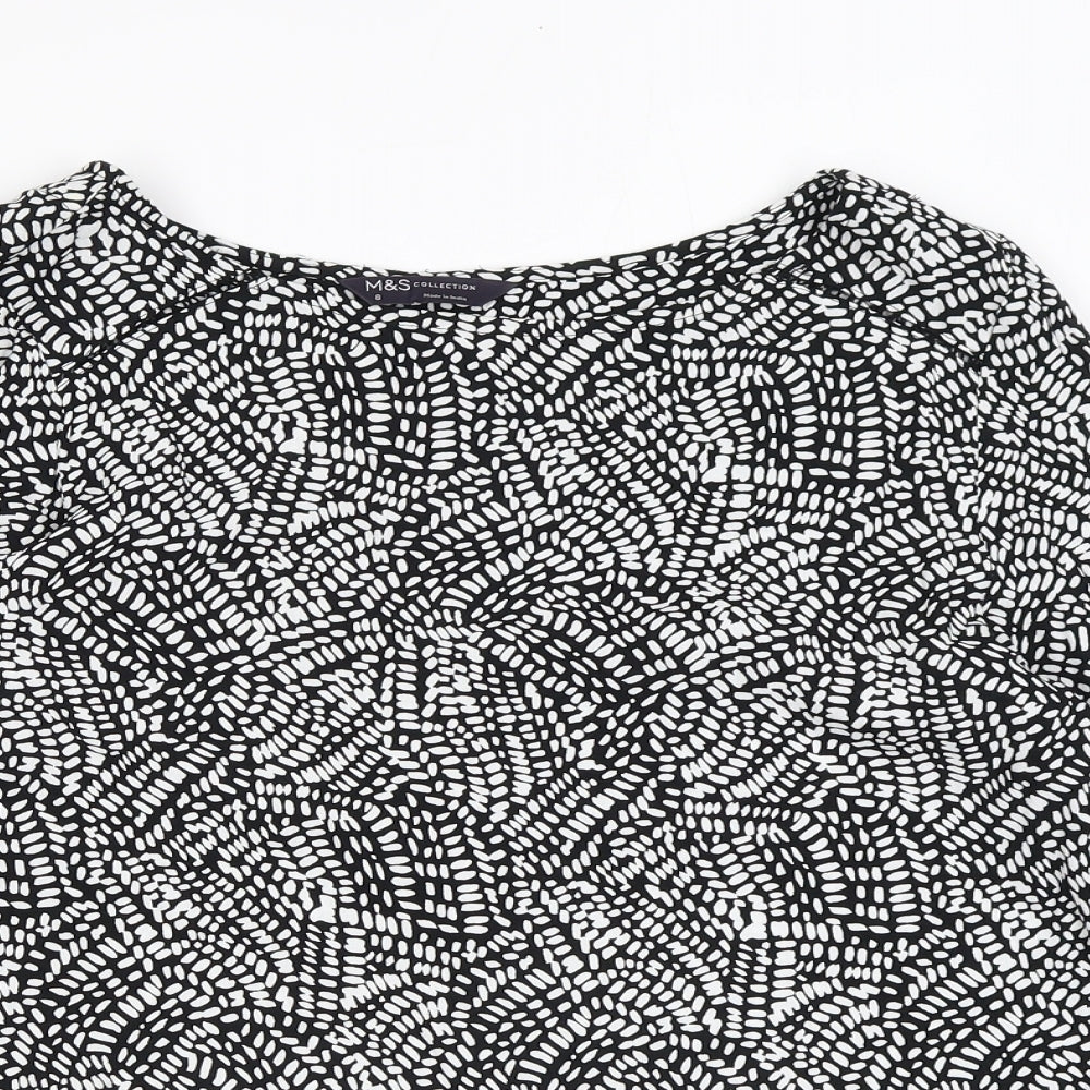 Marks and Spencer Womens Black Geometric Viscose Basic Blouse Size 8 Boat Neck