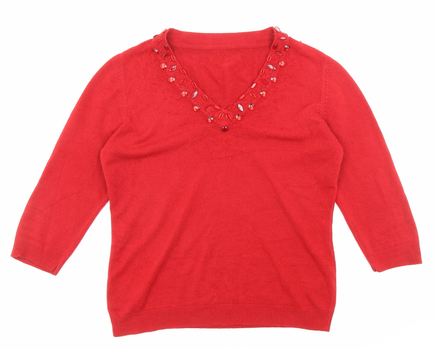 BHS Womens Red V-Neck Acrylic Pullover Jumper Size 12 - Embellished Neckline