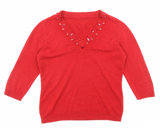 BHS Womens Red V-Neck Acrylic Pullover Jumper Size 12 - Embellished Neckline