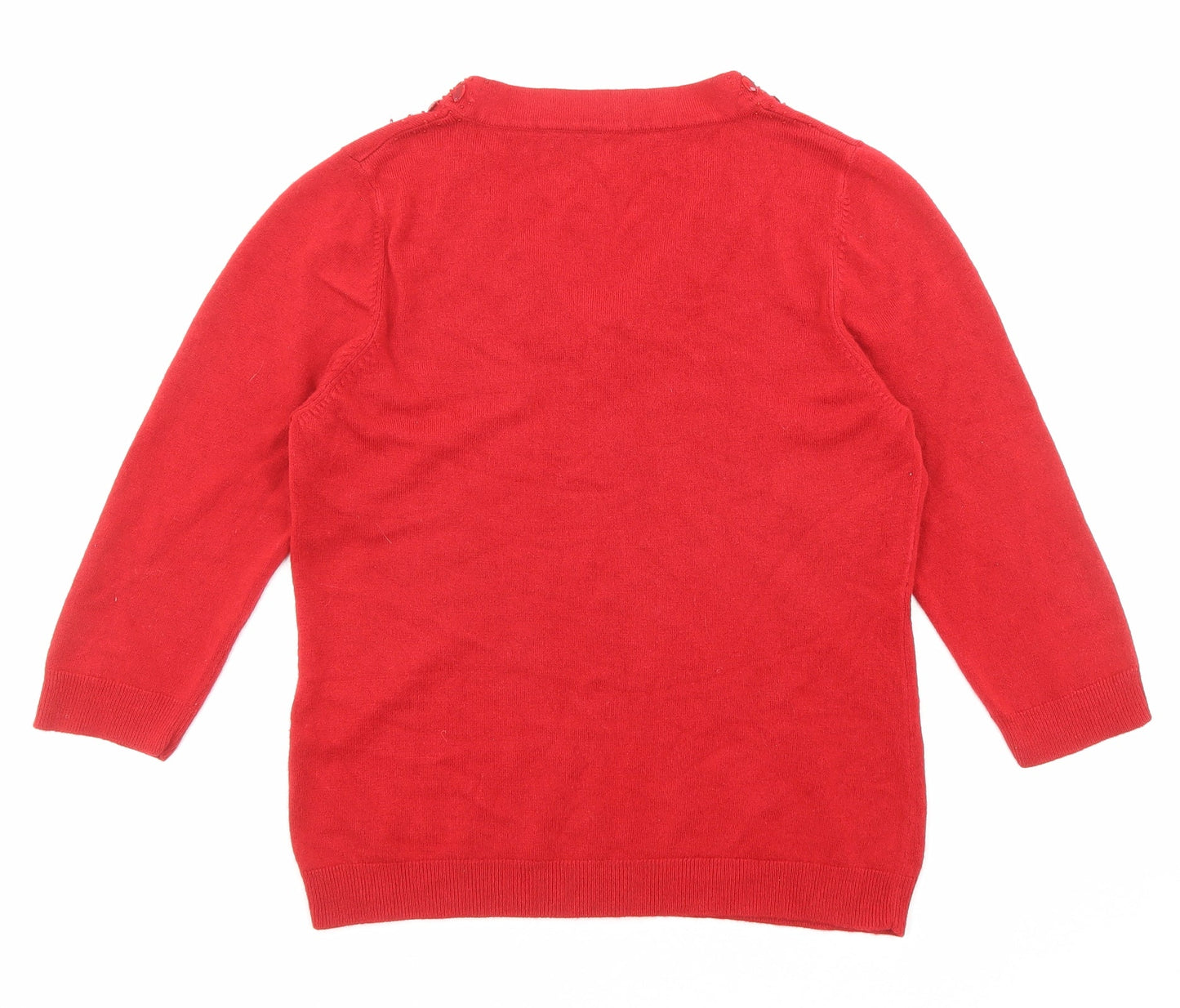 BHS Womens Red V-Neck Acrylic Pullover Jumper Size 12 - Embellished Neckline
