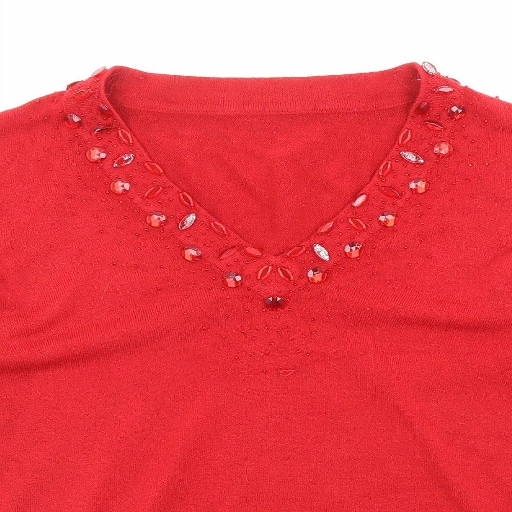 BHS Womens Red V-Neck Acrylic Pullover Jumper Size 12 - Embellished Neckline