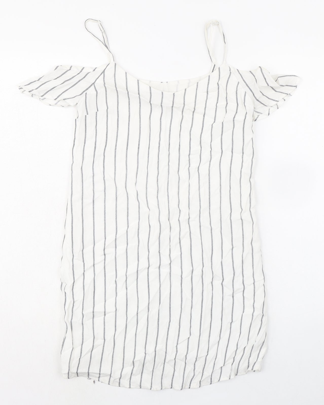 Bershka Womens White Striped Polyester Mini Size S Scoop Neck Pullover - Cold Shoulder