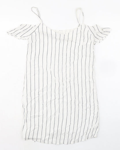 Bershka Womens White Striped Polyester Mini Size S Scoop Neck Pullover - Cold Shoulder
