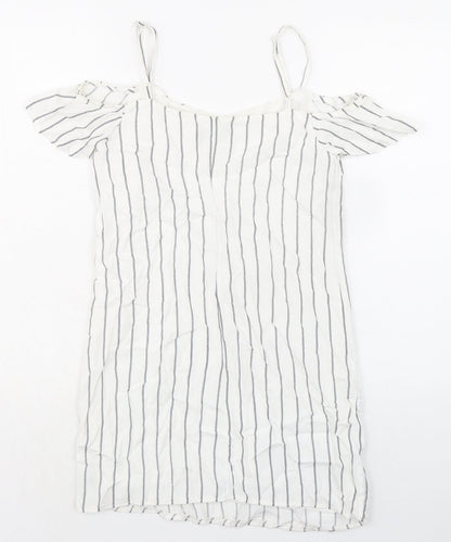 Bershka Womens White Striped Polyester Mini Size S Scoop Neck Pullover - Cold Shoulder