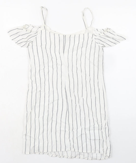 Bershka Womens White Striped Polyester Mini Size S Scoop Neck Pullover - Cold Shoulder