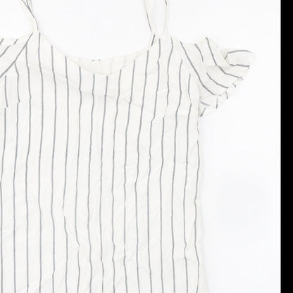 Bershka Womens White Striped Polyester Mini Size S Scoop Neck Pullover - Cold Shoulder