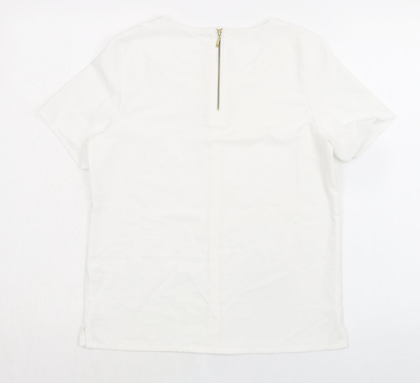 Brook Taverner Womens White Polyester Basic T-Shirt Size 8 Round Neck - Zip Back