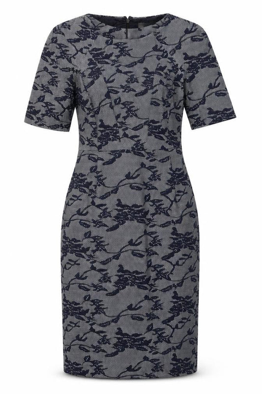 Front view of Kaliko women’s blue geometric polyester pencil dress, size UK 10, round neck zip - pockets