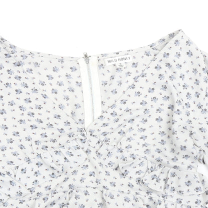 Wild Honey Womens Grey Floral Polyester Basic Blouse Size S V-Neck - Ruffles