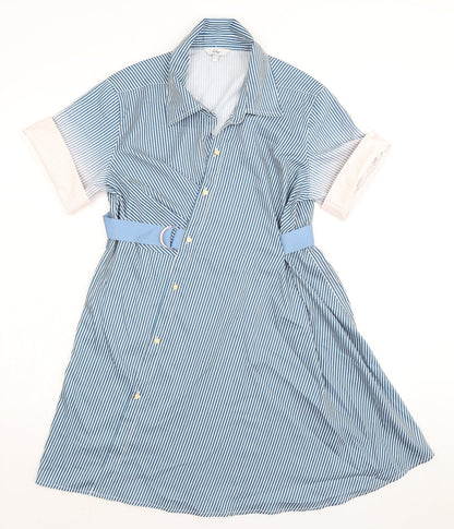 Lily Womens Blue Striped Polyester Shirt Dress Size M Collared Button - Belted