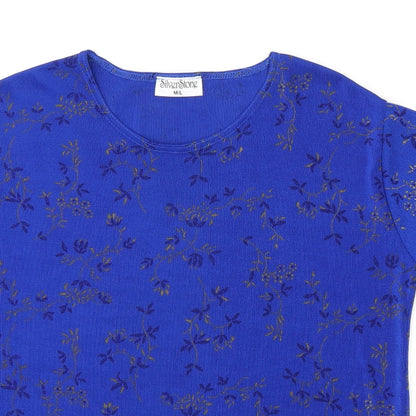 Silverstone Womens Blue Floral Polyester Basic T-Shirt Size M Round Neck - Size M/L