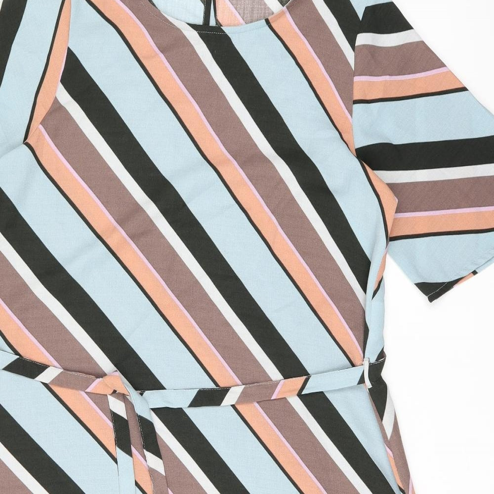 Close-up detail of Jaqueline De Yong women’s multicoloured striped polyester a-line, size UK 12, round neck pullover