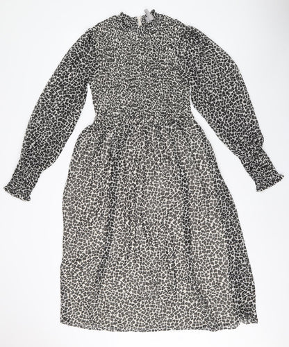 H&M Womens Black Animal Print Polyester Fit & Flare Size 6 Round Neck Zip - Leopard Print