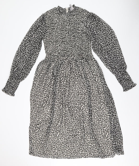 H&M Womens Black Animal Print Polyester Fit & Flare Size 6 Round Neck Zip - Leopard Print
