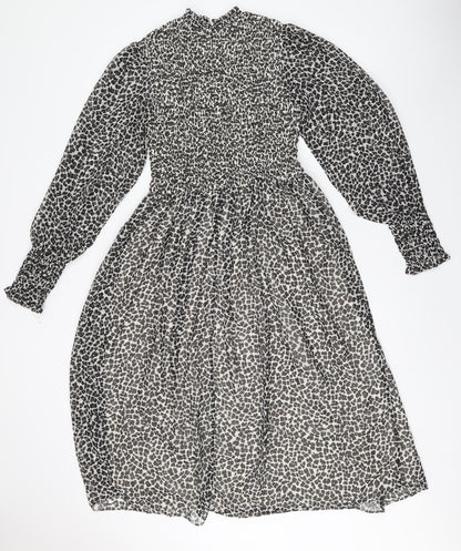 H&M Womens Black Animal Print Polyester Fit & Flare Size 6 Round Neck Zip - Leopard Print