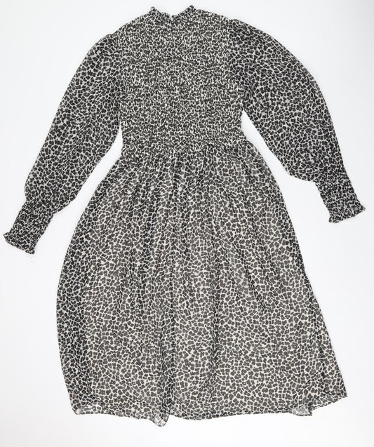 H&M Womens Black Animal Print Polyester Fit & Flare Size 6 Round Neck Zip - Leopard Print