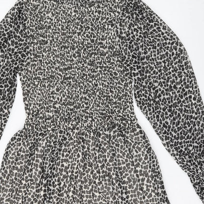 H&M Womens Black Animal Print Polyester Fit & Flare Size 6 Round Neck Zip - Leopard Print