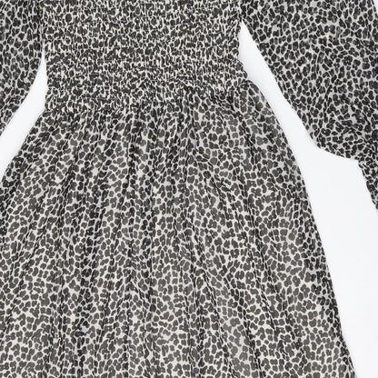 H&M Womens Black Animal Print Polyester Fit & Flare Size 6 Round Neck Zip - Leopard Print