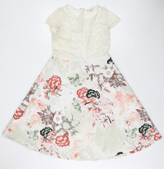 NEXT Womens White Floral Polyester A-Line Size 12 Round Neck Zip