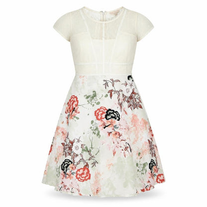 NEXT Womens White Floral Polyester A-Line Size 12 Round Neck Zip