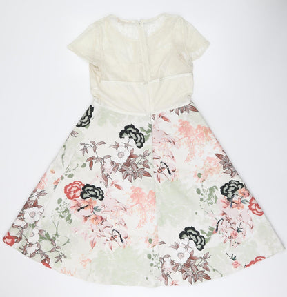 NEXT Womens White Floral Polyester A-Line Size 12 Round Neck Zip