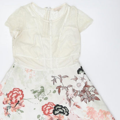 NEXT Womens White Floral Polyester A-Line Size 12 Round Neck Zip