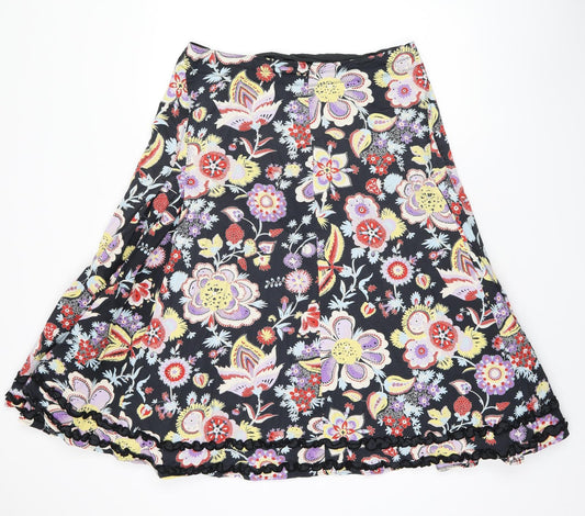 Linea Womens Black Floral Cotton Swing Skirt Size 14 Zip