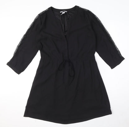H&M Womens Black Polyester Shirt Dress Size 10 V-Neck Button - Drawstring waist
