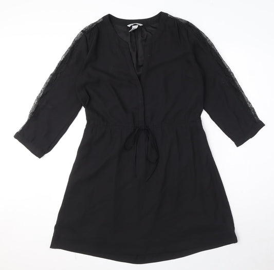 H&M Womens Black Polyester Shirt Dress Size 10 V-Neck Button - Drawstring waist