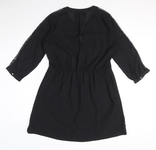 H&M Womens Black Polyester Shirt Dress Size 10 V-Neck Button - Drawstring waist