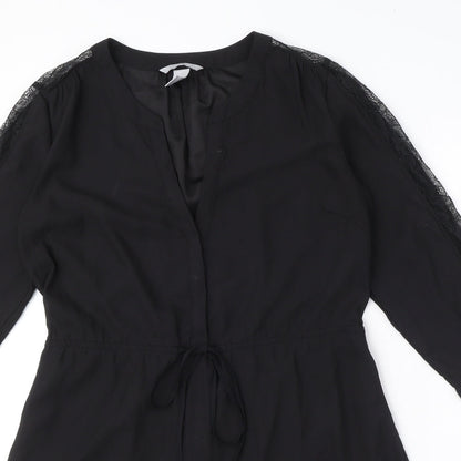 H&M Womens Black Polyester Shirt Dress Size 10 V-Neck Button - Drawstring waist
