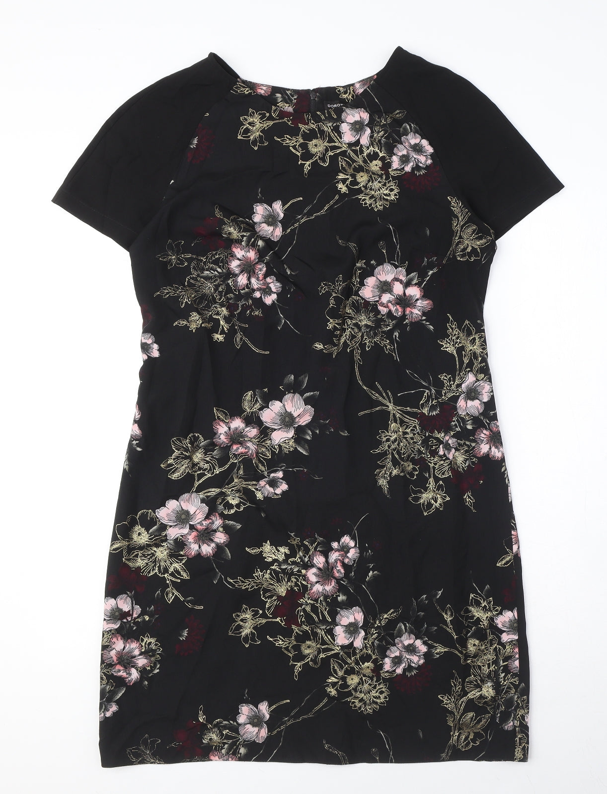 Dorothy Perkins Womens Black Floral Polyester A-Line Size 12 Round Neck Zip