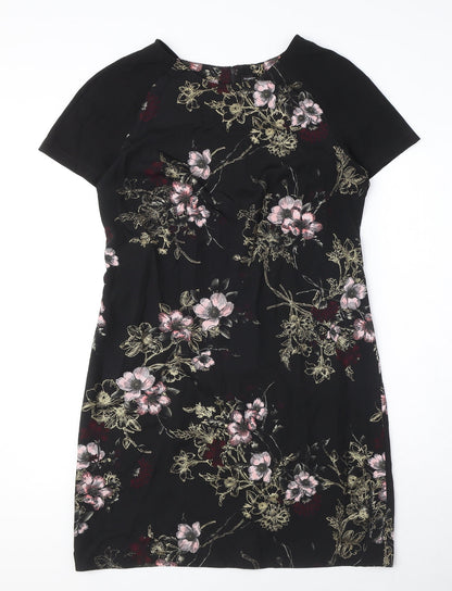 Dorothy Perkins Womens Black Floral Polyester A-Line Size 12 Round Neck Zip