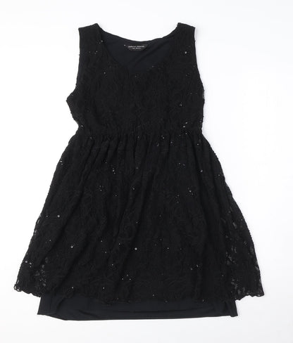 Dorothy Perkins Womens Black Nylon A-Line Size 14 Round Neck Pullover - Elasticated Waist Sequin Detail