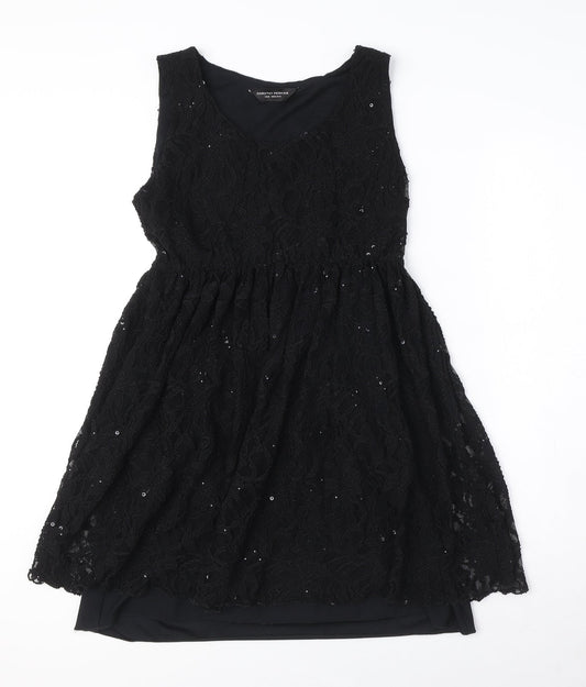 Dorothy Perkins Womens Black Nylon A-Line Size 14 Round Neck Pullover - Elasticated Waist Sequin Detail