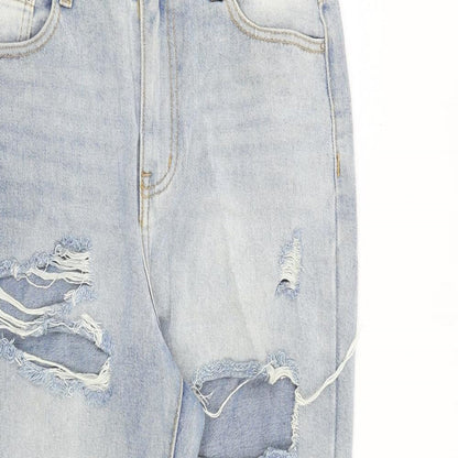 PRETTYLITTLETHING Womens Blue Cotton Straight Jeans Size 10 L28 in Regular Zip