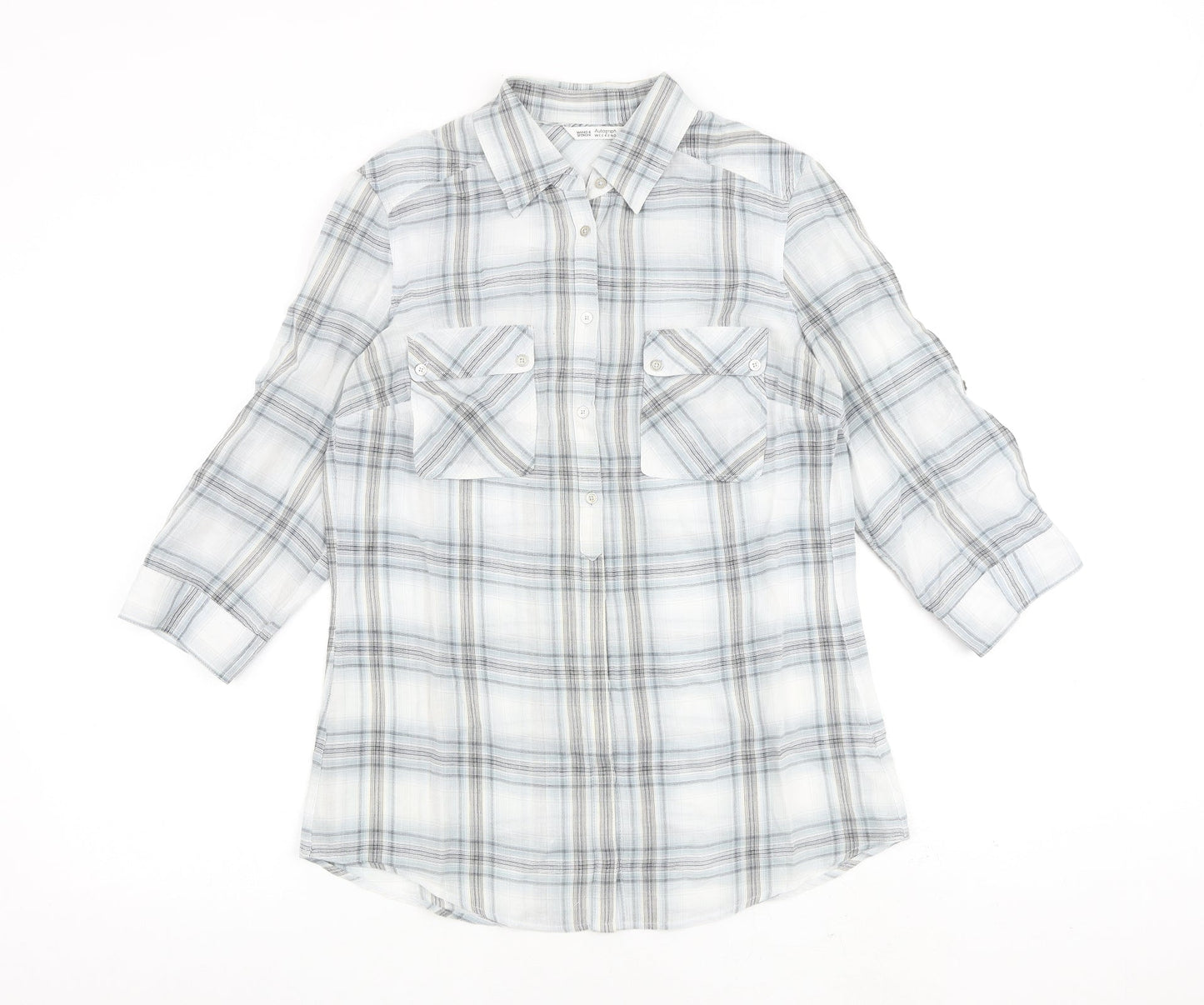 Autograph Womens Grey Check 100% Cotton Basic Button-Up Size 10 Collared