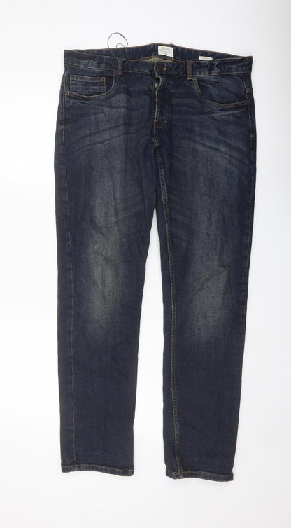 Authentic Casual Wear Mens Blue Cotton Straight Jeans Size 32 in L32 in Slim Button