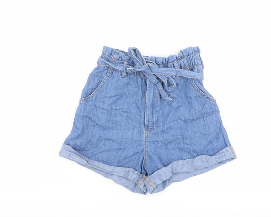 H&M Womens Blue Cotton Paperbag Shorts Size 8 L3 in Regular Button