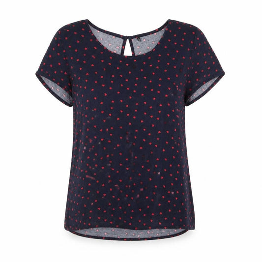 Front view of Only women’s blue geometric viscose basic blouse, size UK 8, round neck - heart print
